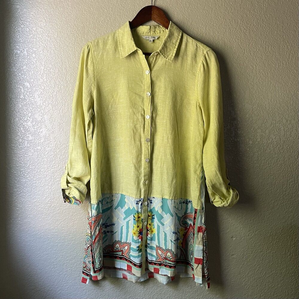 John Mark Womens Medium Green Floral Linen Roll Tab Sleeve Tunic Button Down Top
